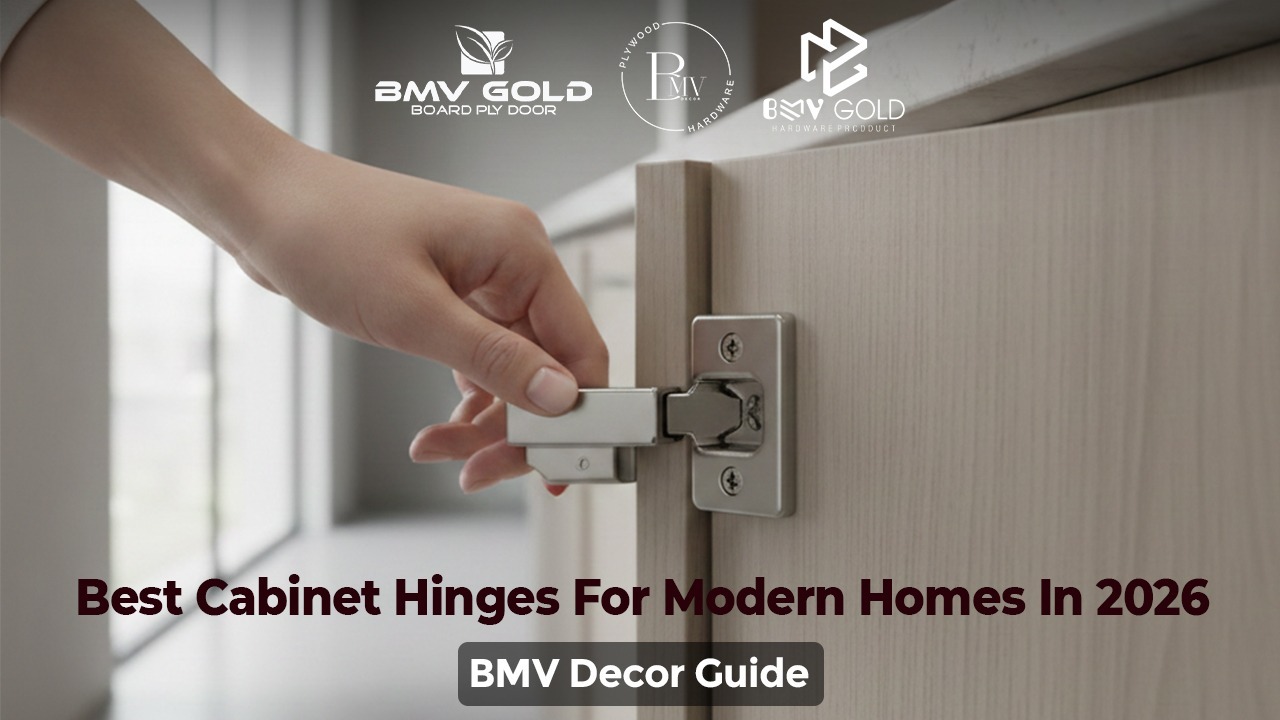 Hand adjusting modern soft-close cabinet hinge on wooden kitchen cabinet door