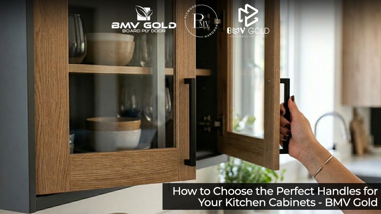 Modern wooden kitchen cabinet with black handles being opened, showcasing BMV Gold hardware design