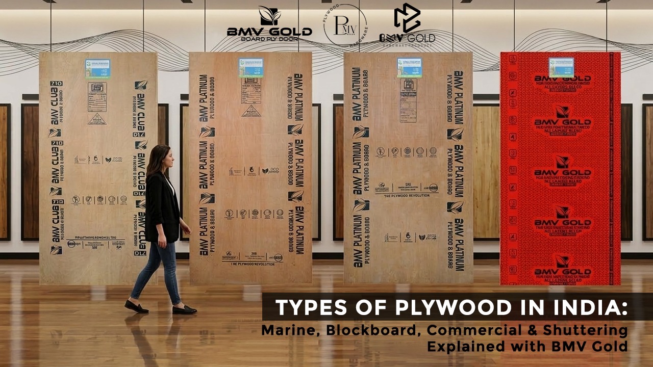 Different types of plywood in India including marine plywood, blockboard, commercial plywood, and shuttering plywood by BMV Gold