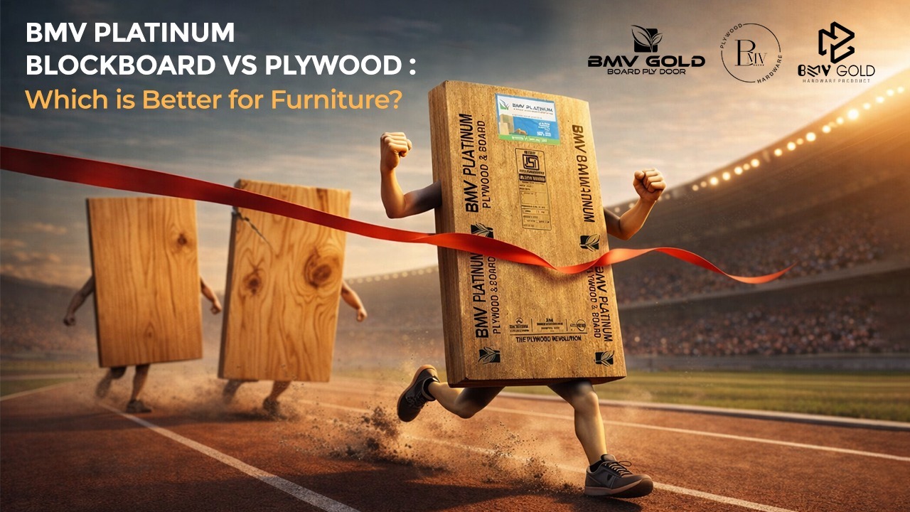 BMV Platinum blockboard winning race against plywood boards on a track, symbolizing superior performance for furniture use