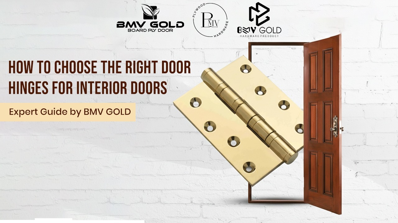 Polished brass door hinge displayed beside a wooden interior door with BMV Gold branding on a white brick background.