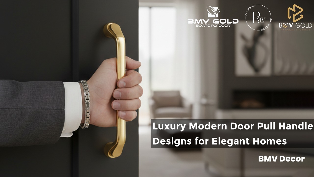 Hand holding a luxury gold modern door pull handle on a premium board ply door by BMV Gold hardware