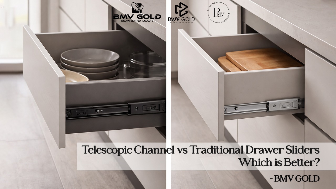 Modern kitchen drawer with telescopic channel sliders compared to traditional drawer sliders by BMV GOLD