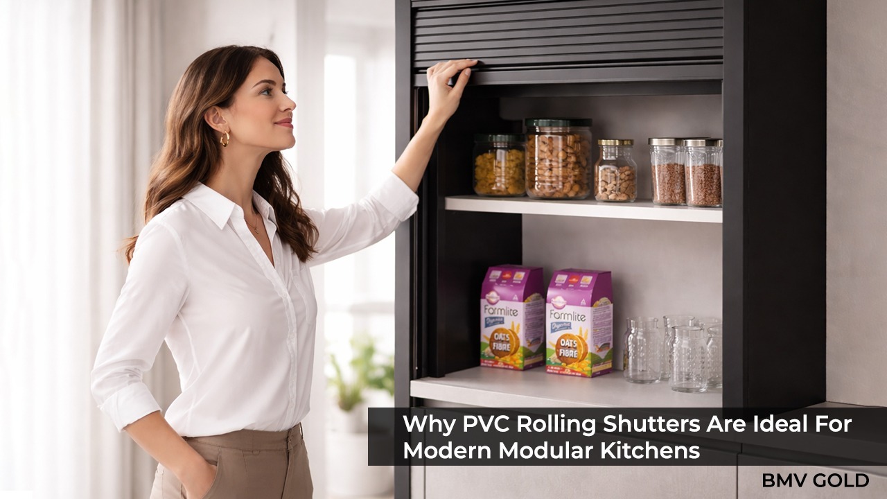 Woman opening a PVC rolling shutter cabinet in a modern modular kitchen with neatly organized storage jars