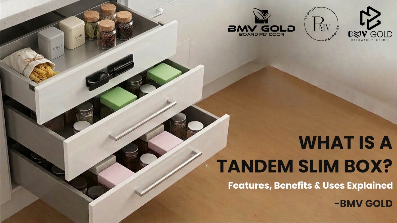 Modern kitchen cabinet with tandem slim box drawers open showing organized storage compartments and soft close drawer system by BMV Gold